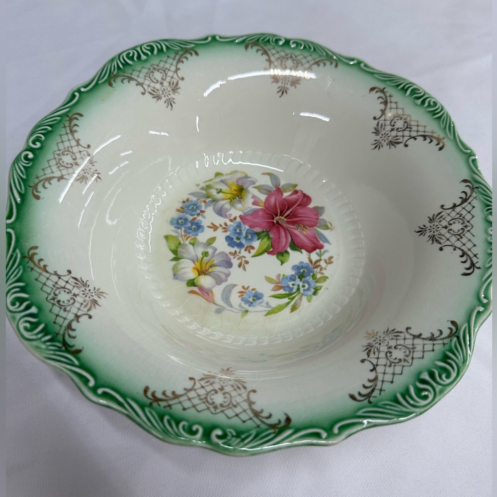 Vintage Floral Green and White Decorative Bowl